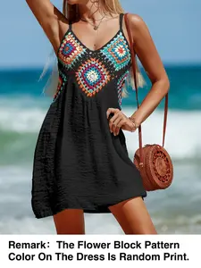Colorful Patchwork Beach Cover-Up Dress, Sexy Summer Woven Fabric, Fitted Style, Perfect for Vacation Wear, Crochet Cover Ups