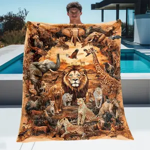 1pc African-Inspired Animal Artwork Digital Printing Fleece Blanket - Lightweight, Fabric Soft, Body-Warming Colorful Afghan for Home, Travel Use, Animal Artwork Blankets, Fabric Soft Blankets cooling
