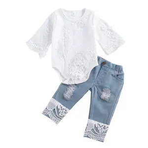 Toddler Infant Baby Girl Summer Jeans Outfit Lace Hollow Out Romper Tops  Jumpsuit Ripped Patchwork Denim Pants 2Pcs Sets