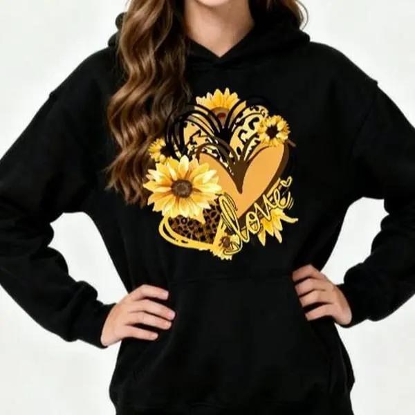 Women's Casual Pullover Sweatshirt, Sunflower Heart Graphic Longsleeves Knit Top, 100% Cotton Crewneck, Loose Fit for Vacation