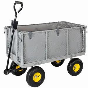 ARCH 4-in-1 Oversized Steel Easy Dumping Garden Cart, 880lbs Pullable Mesh Floor Metal Utility Cart, All-Terrain Trolley with Removable Liner, Side Panels & Mesh Tray for Outdoor Lawn & Landscaping, Gray