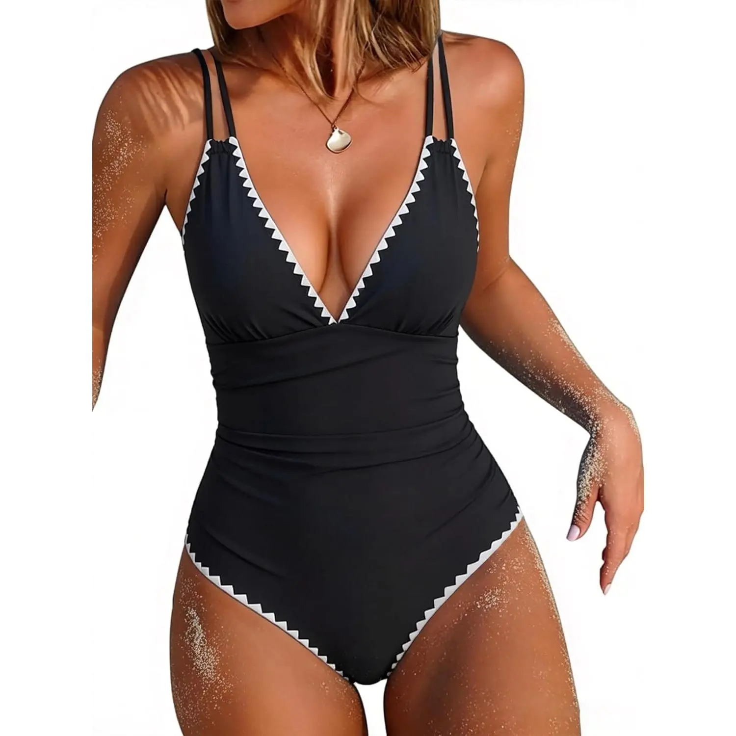 Women's One Piece Swimsuit Deep V Neck Push Up Swim Top Color Block Tummy Control High Waisted Bathing Suits 2026