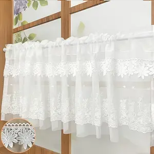 1 Piece, Exquisite White Lace Coffee Curtain, Sweet Simple Lace Small Curtain, Rod Pocket Top, White Valance for Kitchen, Dining Room, Window, Door, Bay Window and Cabinet Cover Decoration