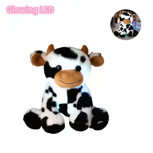 LED Plush Smiley Cow Glowing Stuffed Animal Cow Floppy Night Light Luminous Birthday Holiday for Kids Toddler Girls, 10 Inch Christmas Gift New Year Gift Birthday Gift
