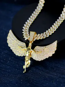 Exquisite Angel Pendant Necklace Set, Cuban Chain Jewelry for Men & Women, Iced Out Bling Design, Religious Accessory, Perfect Gift