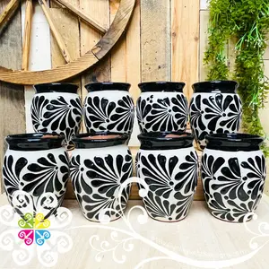 Set of White with Black Espiga Plumeado Cantarito Cup - Set Clay Cantarito