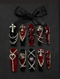 Goth Punk Press On Nails | Handmade Red Black Chain Nails | Cross Heart Stud Nail Art | Alternative Emo Luxury Almond Press-On Nails with Gift Set (Adhesive Tabs, Nail File, Cuticle Stick)