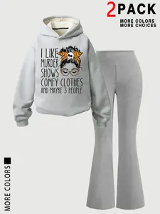 Women's Thick Warm Hooded Sweatshirt & Slim Fit Flared Pants Set, Outfit, Casual Fashion Letter Print, Perfect for Daily Wear & Gifts