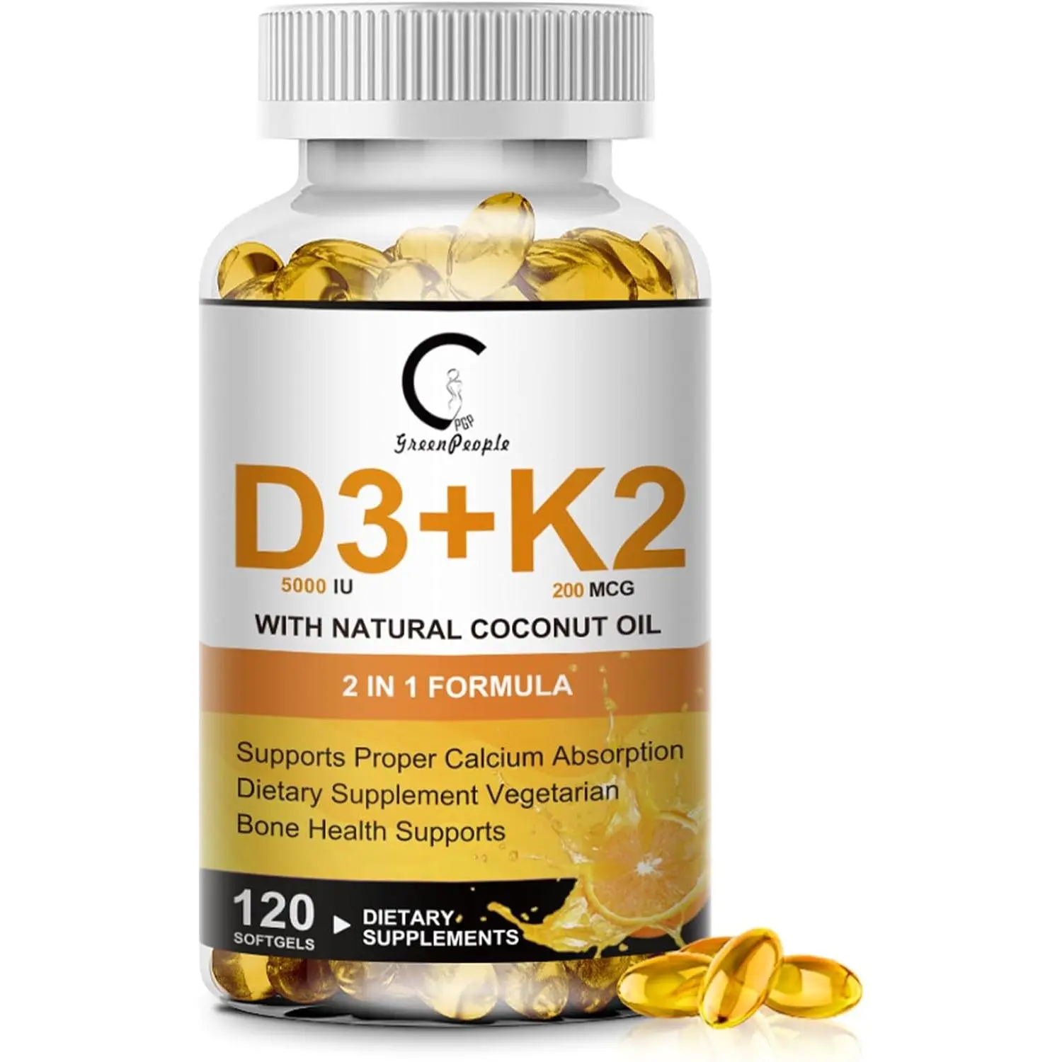 Vitamin D3 K2 Supplement 5000 IU + K2 MK7 200mcg with Coconut Oil, 120ct | Plant-Based 2-in-1 Softgel Capsules for Enhanced Absorption. Supports Bone, Teeth, Muscle, and Immune Health Support