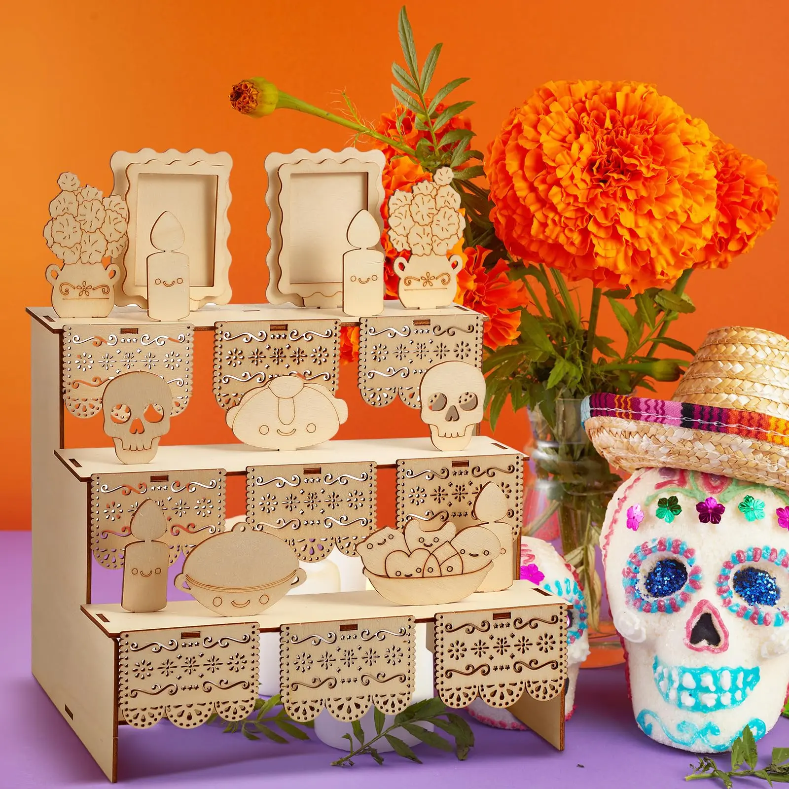 Mexican Day of the Dead Wooden Altar Display Set, 3-Tier Dia De Los Muertos Wooden Shadow Box Ofrenda Decorations, Multiple Sets Available with Marigold Garland, Papel Picado Pieces, Lighted Frames, Butterfly Motif, Gifts for Home Party Memorial Event