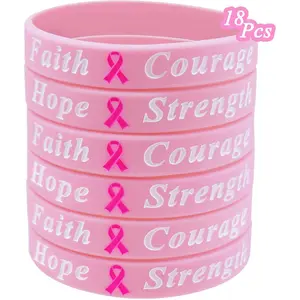 18 count Breast Cancer Awareness Bracelets Bulk Items Accessories Hope Faith Strength Courage  Wristbands for Women  Ribbon Breast Cancer Awareness Month Favors Fundraiser Survivors Gifts