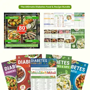 5 Pack Diabetes Food List Chart & 80+ Meal Planner Recipes for Beginner, Laminated Diabetes Diet Plan for Type 1 & 2, Food To Eat - Avoid w/Serving Size, Glycemic Index (GI), Net Carbs Calories