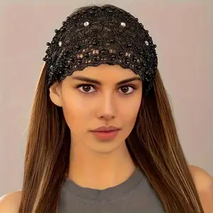 Women's Elegant Lace Floral Rhinestone Beaded Wide Headbands | HairTok CoquetteTok VintageTok OldMoneyAesthetic Non Slip Elastic Head Wraps | Fashion Hair Accessories for Daily Party Wedding Bridal Outfits