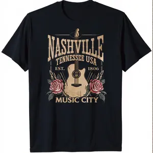 Nashville Music City Graphic Tee: Edgy Guitar & Roses Print, Oversized Unisex T-Shirt, Perfect for Concerts, Travel & Casual Street Style, Tennessee USA Vintage Vibe, Graphic T Shirts, T Shirts for Men, T Shirts for Women, Good Graphic Tees, Vintage