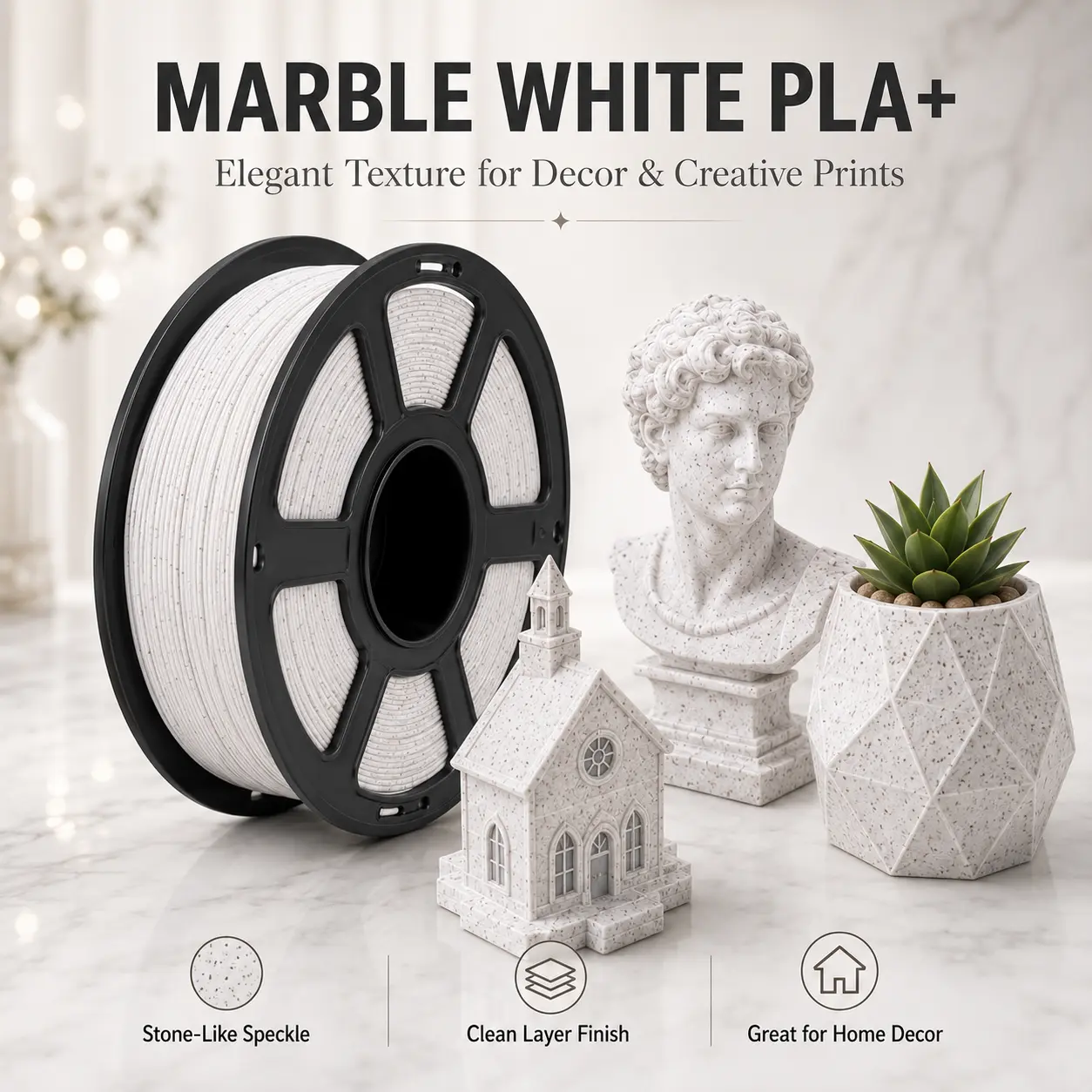 HELOLAND Marble White PLA Plus 3D Printer Filament, 1.75mm 1KG Stone Speckled Type, Smooth Extrusion, Low Warping, Clean Layers Finish for Sculptures, Home Decor, FDM Printers (Affordable)