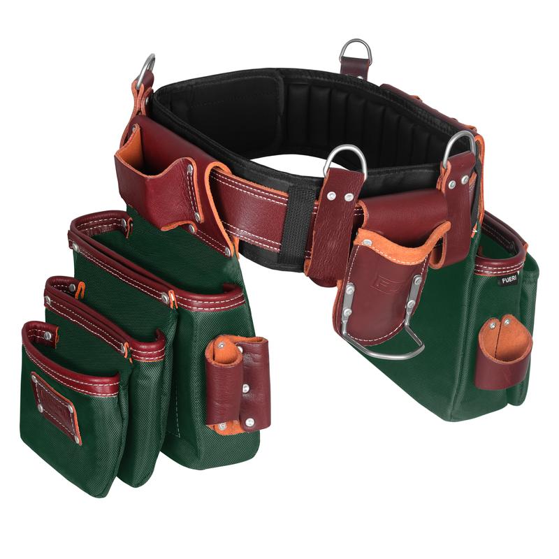 FUERI Heavy Duty Tool Belt for Men 26 Pockets Green & Maroon Nylon Leather Organizer Carpenter Construction Electrician Framing Belt Bag Pouch