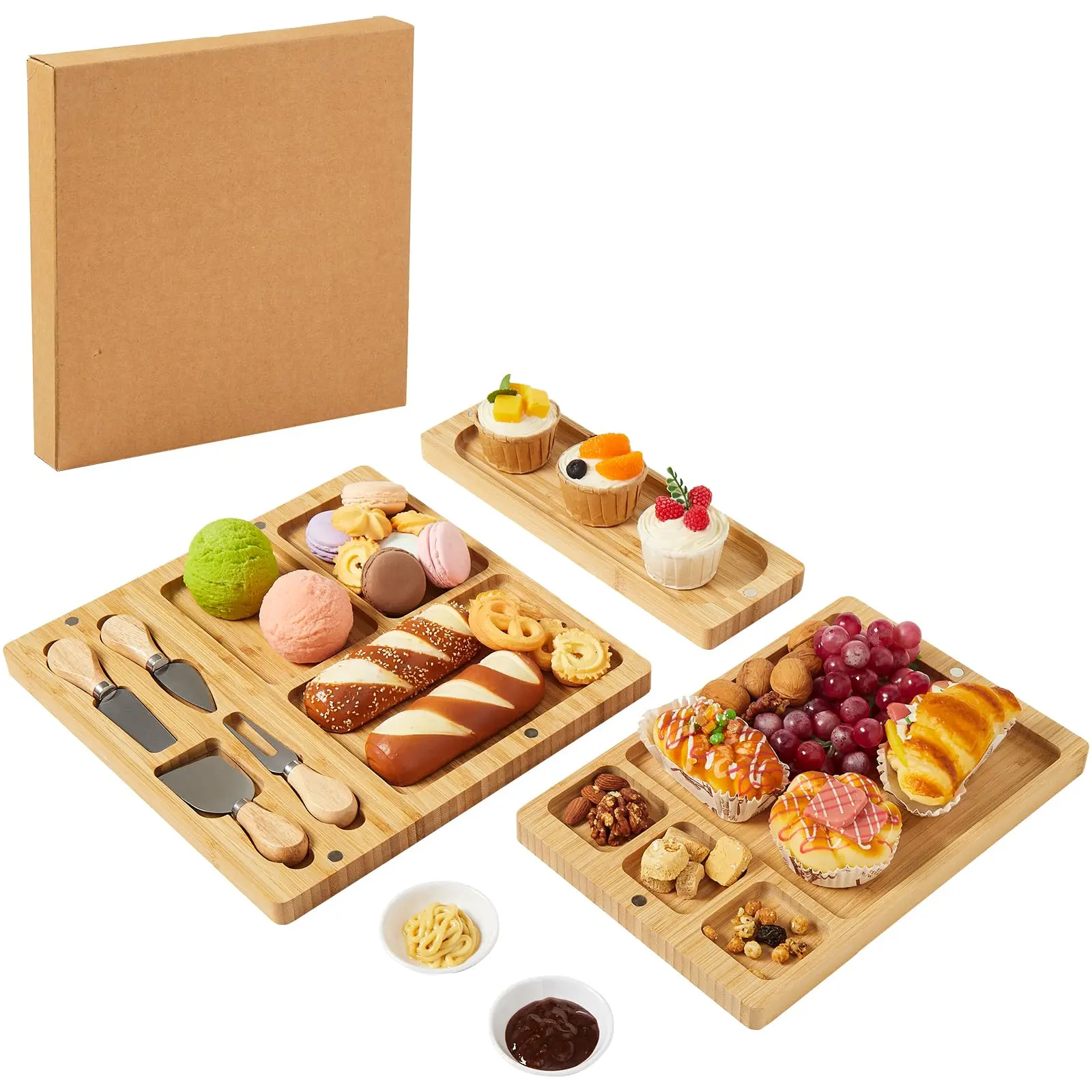 Garvee Versatile 3-in-1 Bamboo deli platter & Cheese Board Set, Large Serving Tray with Stainless Steel Knives & 2 Ceramic Bowls,Ideal for Meat, Cheese, Crackers, Fruit – Perfect for Housewarming