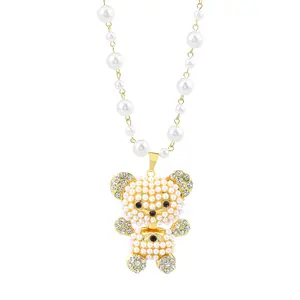Adorable Pearl Chain & Sparkling Bear Pendant Necklace Perfect for Daily Style & Sweet Occasions