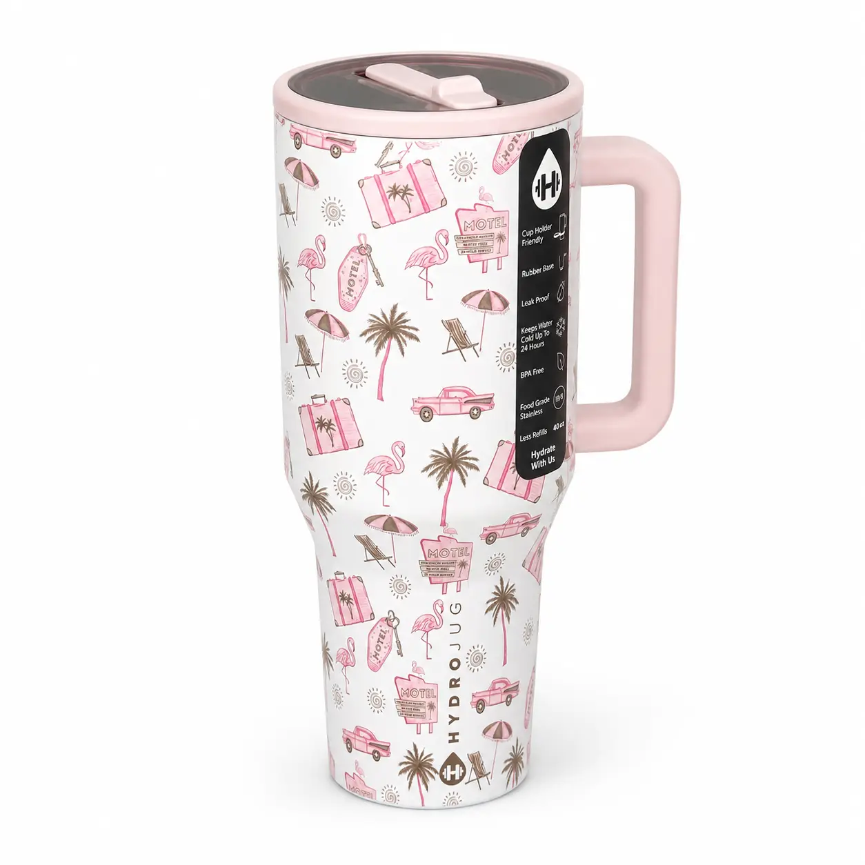HydroJug 40oz Flamingo Palm Tree Insulated Stainless Steel Tumbler - Large, Leakproof, Retro Pink, with Handle & Straw for Beach, Road Trips, Daily Use, Travel