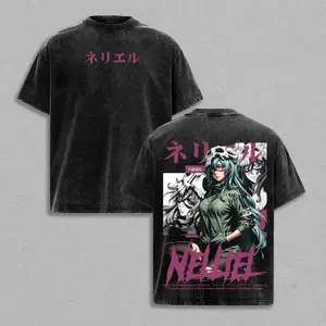 Mens Womens Black Washed Bleach Retro Distressed Washed Nelliel Tu Odelschwanck Arrancar Anime Manga Graphic Tee Short Sleeve Crewneck Cotton Top for Bleach Streetwear Enthusiasts and Daily Casual Wear