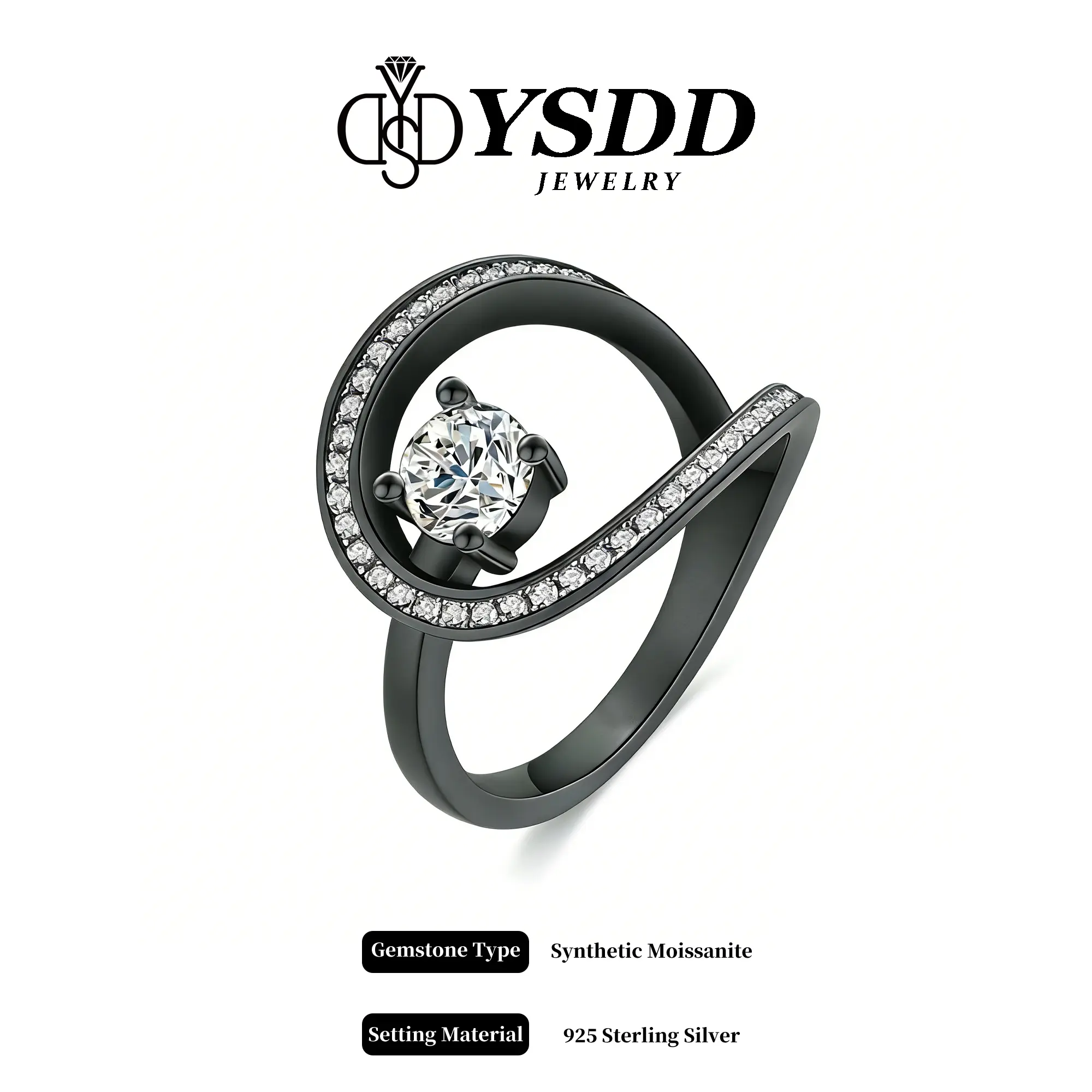 【Livestream-7】Black Circle Swirl Ring Synthetic Moissanite Rings in 925 Sterling Silver 0.5CT