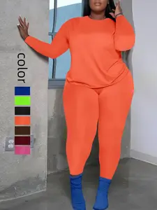 Plus Size Women's Plain Two-Piece Set, Long Sleeve Round Neck Top & Skinny Pants, Casual Slim Fit Knit Comfortable for Fall Winter, Solid Womenswear, Aesthetic