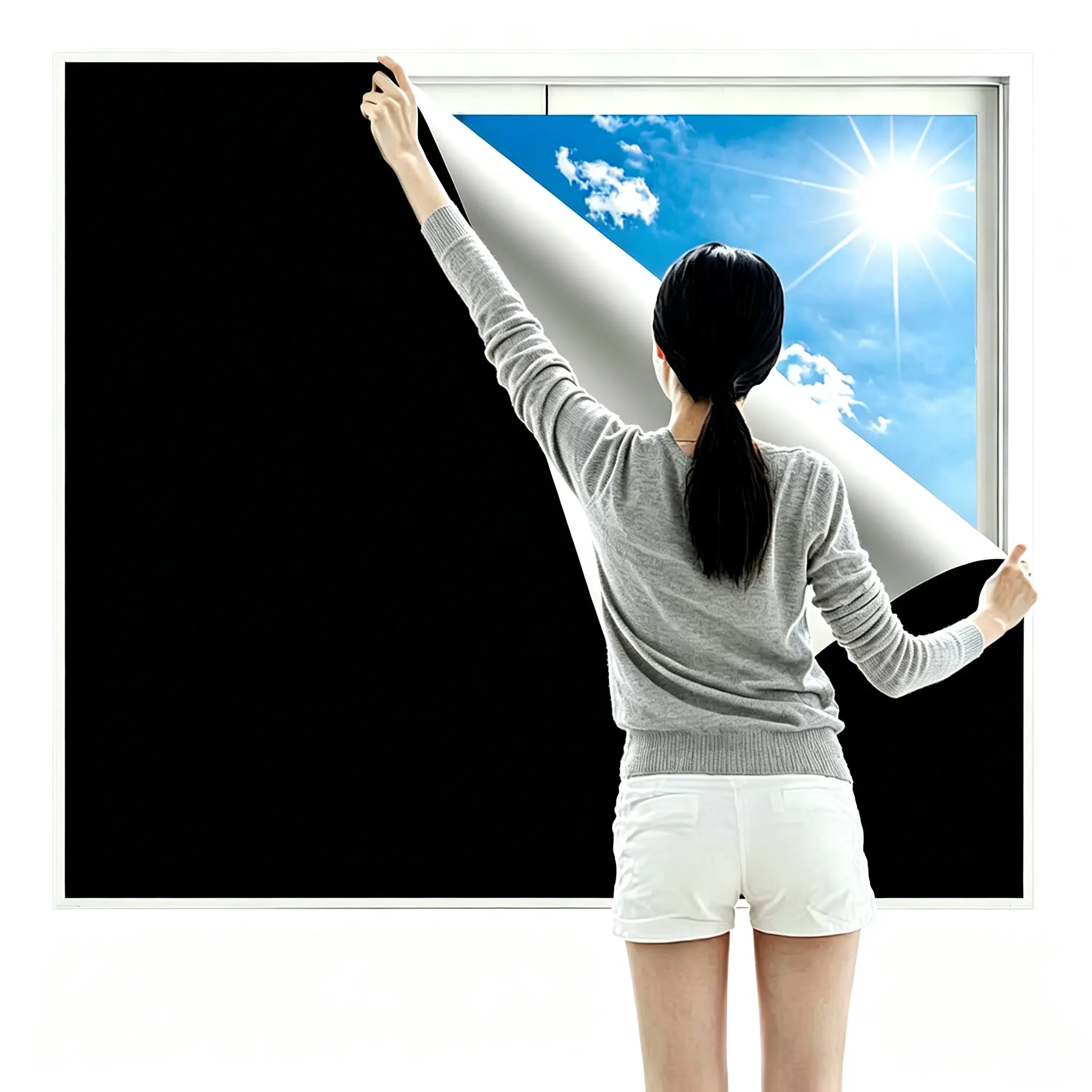 Temporary No-Drill Blackout Window Cover Film (2.5m×1.45m) - Cut-to-Fit Blackout Privacy Curtains, Dual Attachment Self-Stick Reusable Shade, 100% Sunlight Block for Bedroom Travel, Cut-To-Fit Curtains