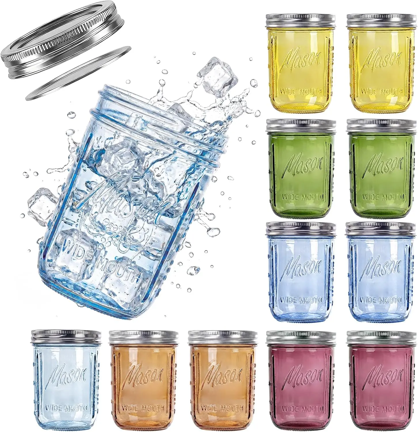 12 Pack 16 oz Wide Mouth Mason Jars with Lids, Airtight Glass Canning Jars for Food Storage, Meal Prep, Fermenting, Pickling & Jam Colorful