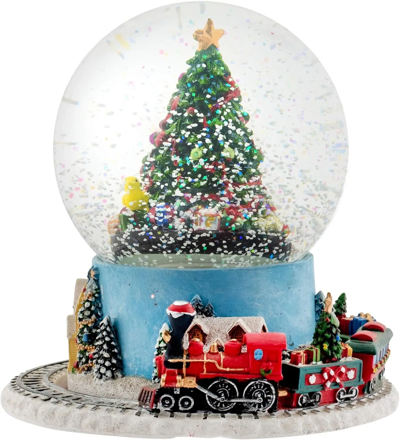 Christmas Tree Village Sturdy Musical Glitter Water Snow Globe Tabletop Figurine Decoration and Moving Train - Plays Tune We Wish You A Merry Christmas