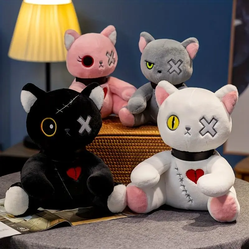 25cm/9.84in Gothic Color Block Spooky Cat Plush Toy - Creepy Kitten Stuffed Animal, Ideal for Halloween, Birthday Gifts