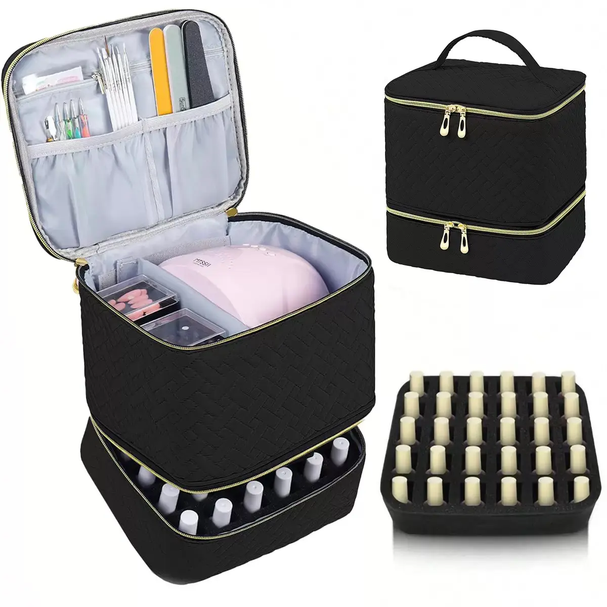 Women's Double-Layer Quilted Nail Polish Storage Bag, Portable Zipper Makeup Organizer Pouch, Multifunctional Travel Makeup Bags Organizers, Makeup Pouch For Purse, Cosmetics Bag