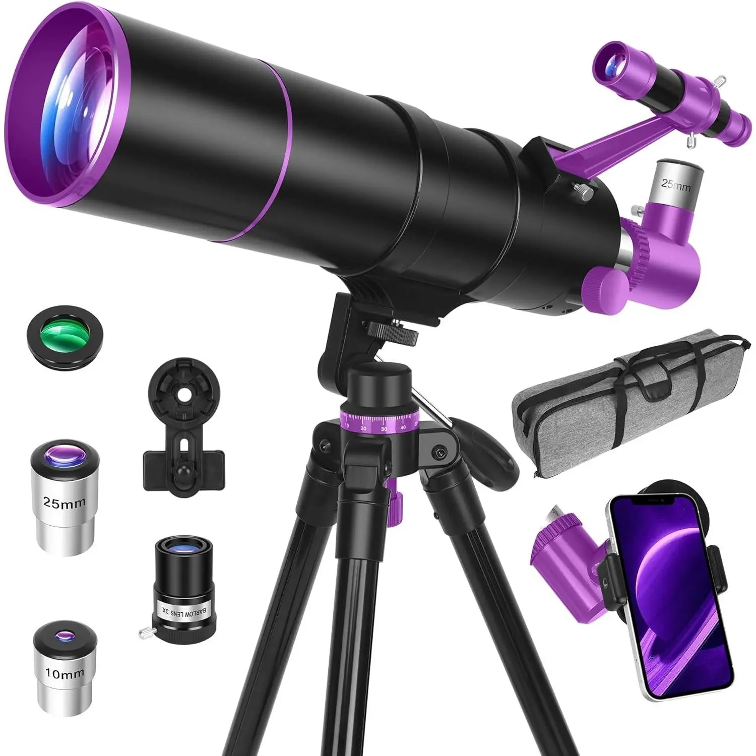 Telescope, Telescope for Adults High , 90mm Aperture 550mm Portable Professional Refractor Telescopes for  & Astronomy Beginners with Tripod, Phone Adapter, Carry Bag & Moon Filter