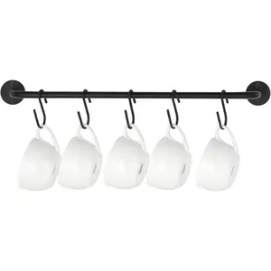 Mug Holder Wall Mounted Coffee Cup Rack Hanger Modern Metal with 5 Mug Hooks Rustic Utensil Tea Cups Storage Organizer for Kitchen Dining Room Coffee Bar