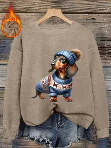 New winter women's knitted sweatshirt, cute dachshund print crew neck pullover, fashionable animal print warm knitted top, casual and versatile base layer.