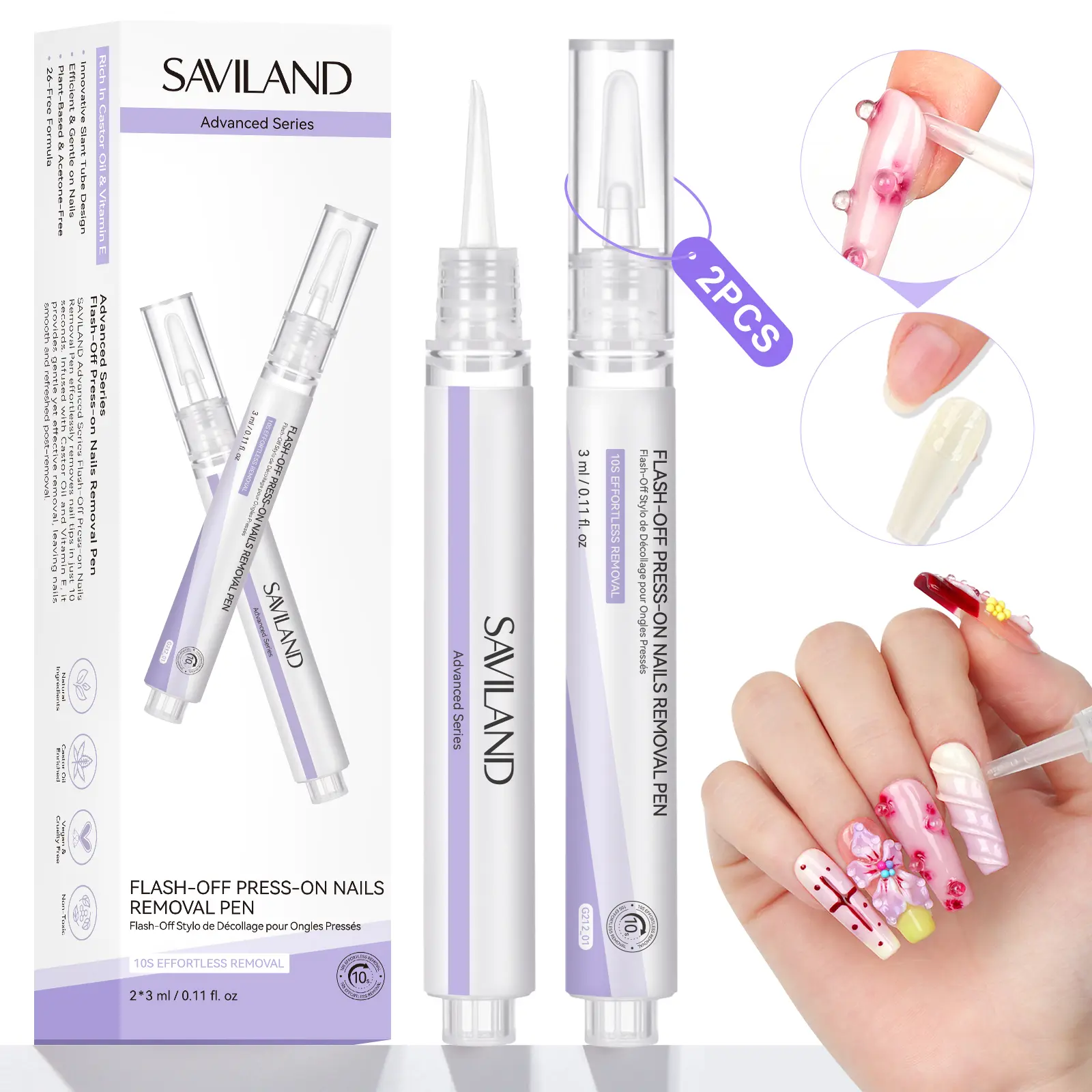 SAVILAND Advanced Press-On Nail Remover Pen – 10s Quick & Easy Removal, Plant-Based Fake Nail Glue Remover, 2PCS Click & Remove Tool for Press-On Nails