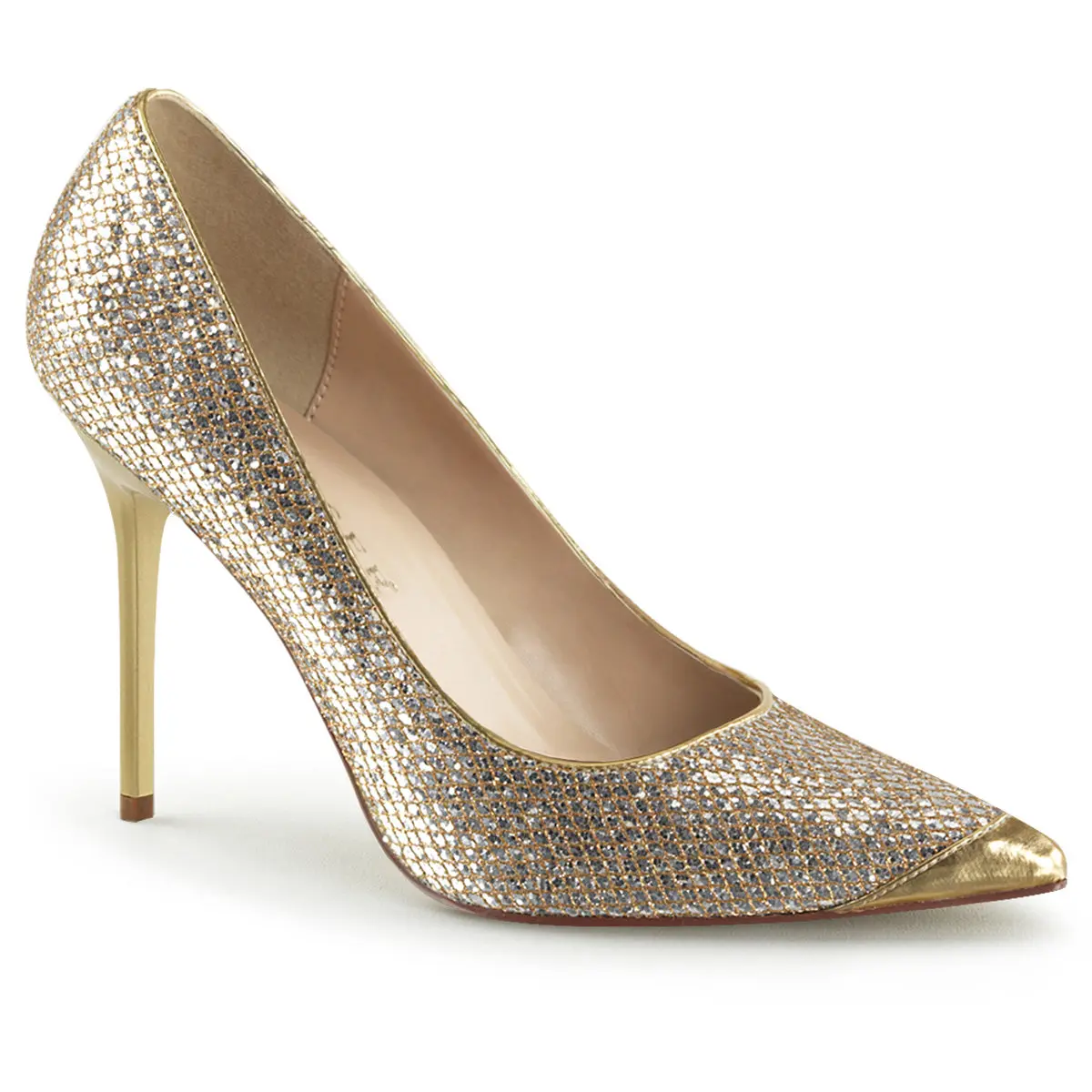 Women's Classic Chic Pointed High Heel Pumps - Decor-Enhanced Gold Glittery Classique-20 Stylish Footwear, Classic Chic Pumps