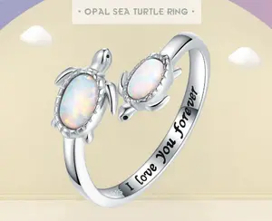 18K 925 Sterling Silver Opal/Larimar Mother & Child Sea Turtle Adjustable Ring (Size 7-9)