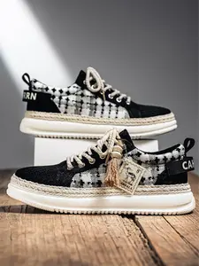 Summer New Men's Retro Plaid Laces, Braided Rope Shoelace Design, Easy-On-Off Hemp Laces, Commuter & Casual Shoes, Versatile Footwear