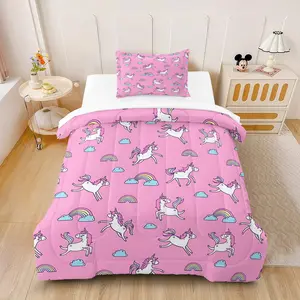 Pink running unicorn rainbow printed bedding set (including 1 blanket and 1-2 pillowcases), lively and playful, soft and fluffy, creating a fairy tale and girlish bedroom atmosphere, with multiple styles to choose from, suitable for all seasons.