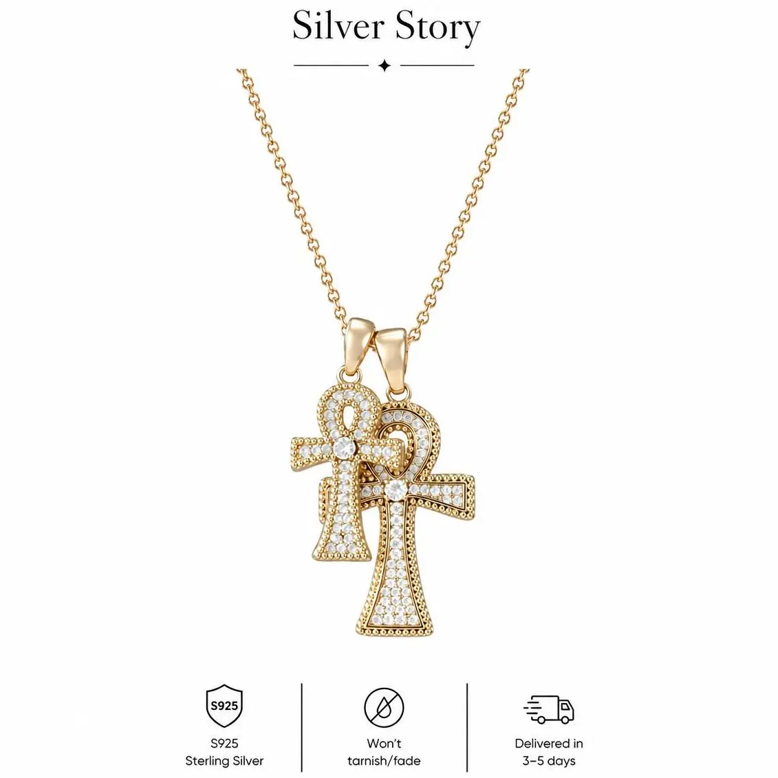 14K Gold Plated 925 Sterling Silver Double Ankh Cross Pendant Necklace, Full Paved 5A Grade Cubic Zirconia Egyptian Life Symbol Amulet Necklace, Hypoallergenic Religious Spiritual Jewelry Gift for Women Men Daily Wear