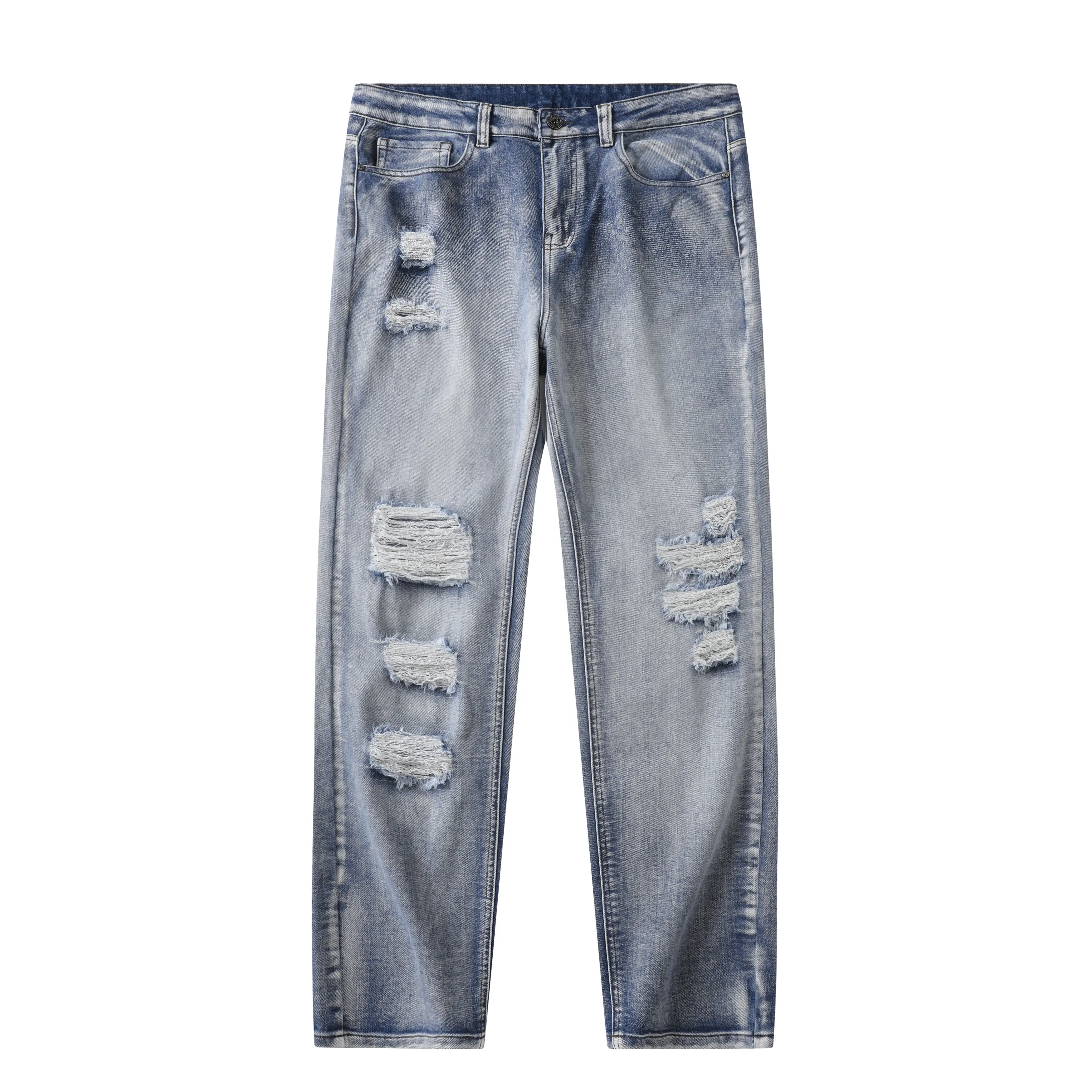 One pair of men’s straight-leg ripped jeans in American vintage style, featuring a gradient wash fabric and multiple frayed holes; suitable for young men for shopping and dates, trendy styling, comfortable drape, and niche design.