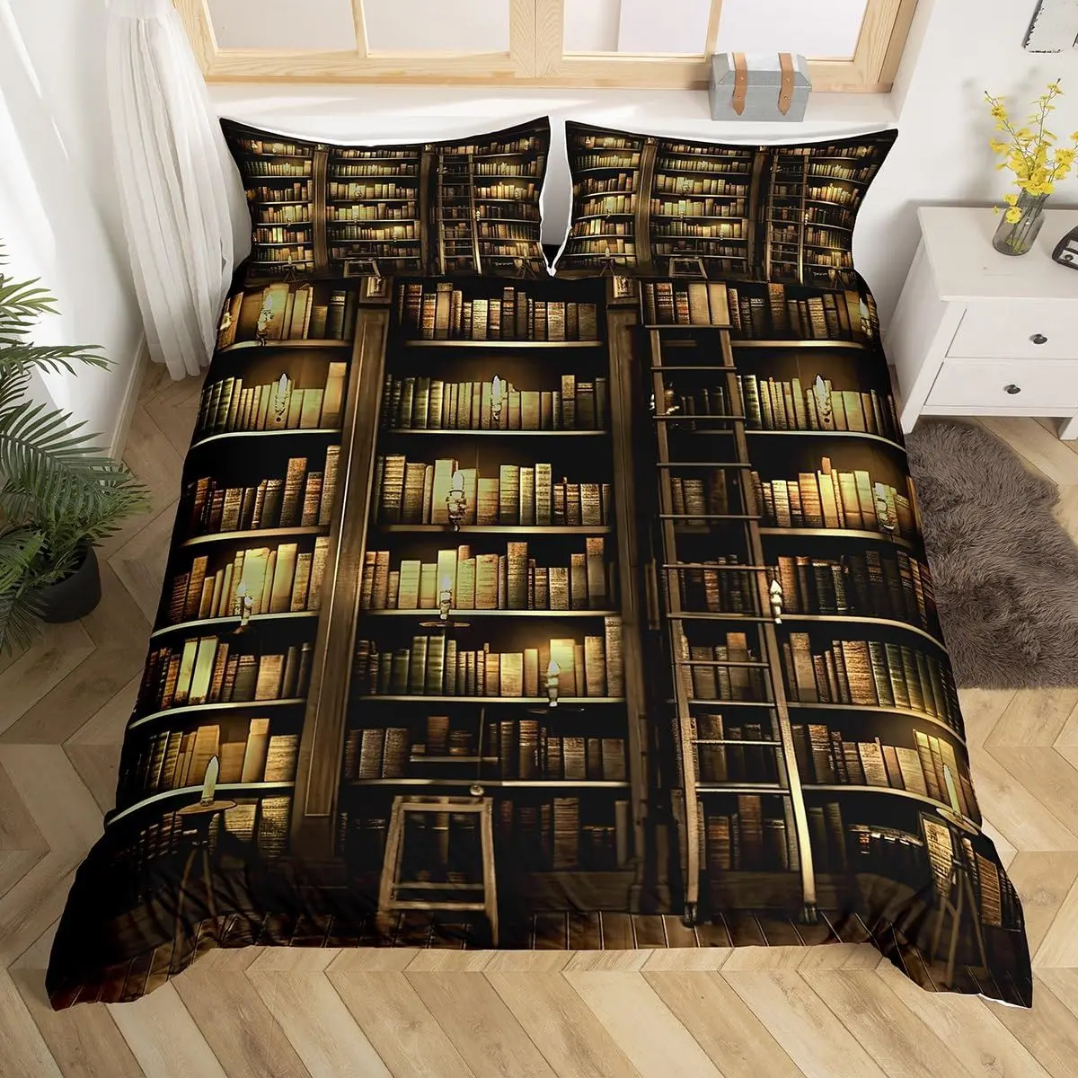 Feelyou Vintage Library Book Theme Microfiber Duvet Set - Bedroom Bedding Set, Decorative Washable Duvet Cover, Educational Bedding Decor (No Comforter), Decorative Duvet Cover