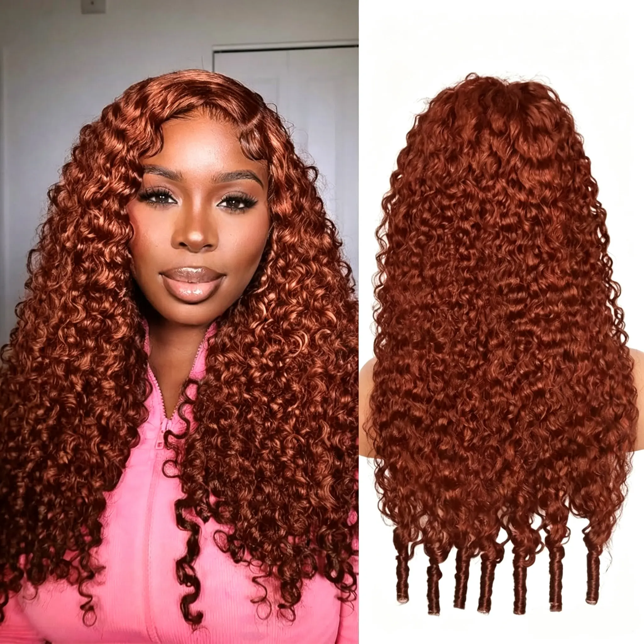 [NEW] Glueless Dark Ginger Colored Burmese Curly Wig Drawstring Reddish brown Color Wigs Transparent Lace 13X6 Frontal Human Hair Wigs 180% Density Wear&go 99J Burgundy Burmese Curly Hair Lace Wigs For Women