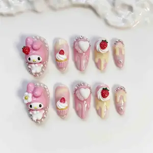 My Melody Dessert Press On Nails | Handmade 3D Strawberry Kawaii Nails | Pink Drip Sweet Treat Nail Art | Luxury Pastel Almond Press-On Nails with Gift Set (Adhesive Tabs, Nail File, Cuticle Stick)