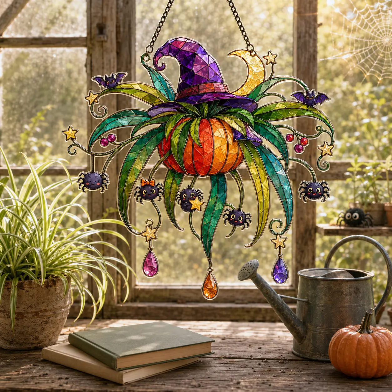 Halloween Witch Hat Pumpkin Spider Acrylic Suncatcher, Faux Stained Glass Window Hanging, Cute Spooky Fall Decor
