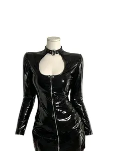 Leather Secretary Cosplay Dress, Chic Long Sleeves Adult Roleplay Outfit, Office Style Bodycon Skirt, Professional Look Party Performance Waitress Service Costume Night Club Event Halloween Trending Fashion Outfit for Women, Hosts Cosplayers Entertainers