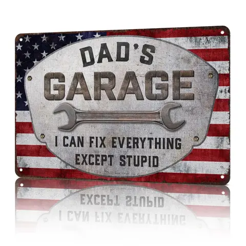 Dad'S Garage Humor Metal Sign, "I Can Fix Everything Except Stupid", Funny Wall Art For His Garage Ideal Dad Gift 8x12 Inch Aluminum Decor