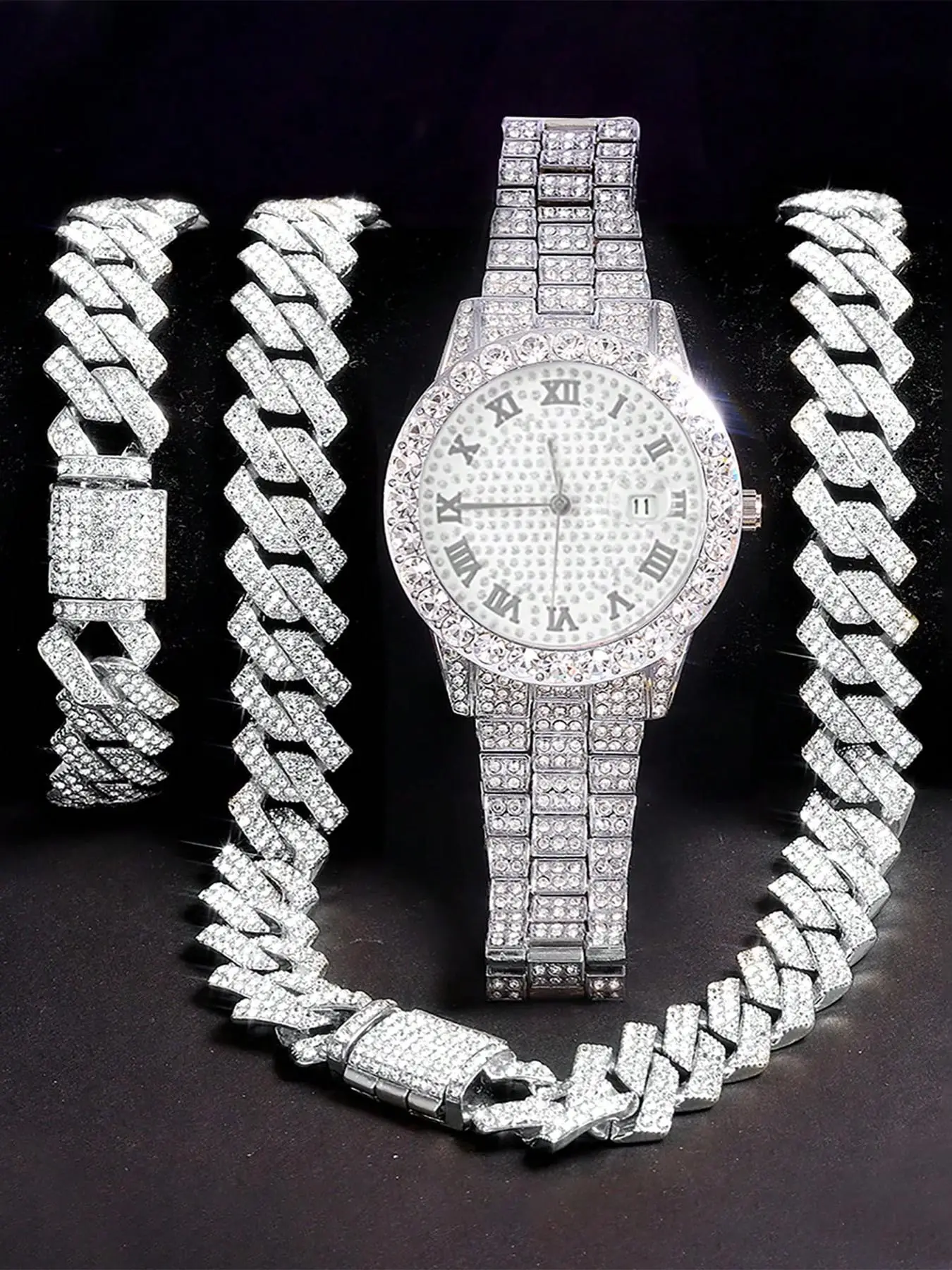 Men's Street Trend Rhinestone Decorated Quartz Watch & Cuban Chain & Bracelet, Fashion Watch Set for Party, Daily Decor, Trendy All-match & Exquisite
