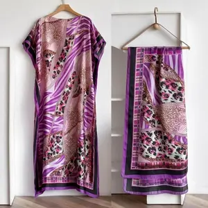 Women's 2-Piece Purple Leopard Print Moo Moo & Scarf Set - Long Sleeve Kimono Robe, Matching Dual-Purpose Scarves, Beach Cover-Up, 2 Piece Sets