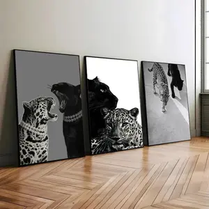 Leopard & Panther Wall Art Poster Set of 3 Digital Animal Prints Minimalist Black White Jungle Decor Modern Safari Room Artwork